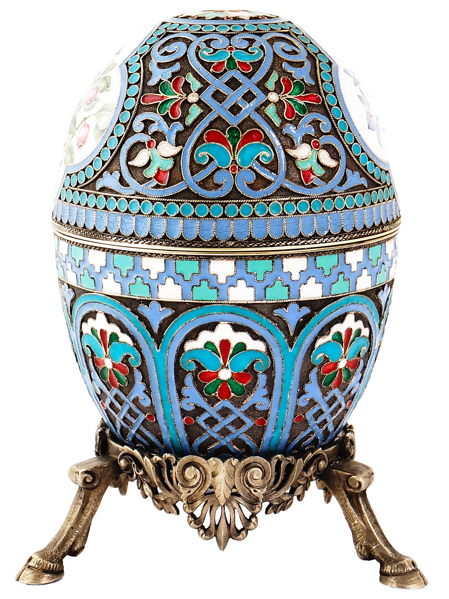 LARGE RUSSIAN 88 GILT SILVER ENAMEL EGG W STAND PIC-2